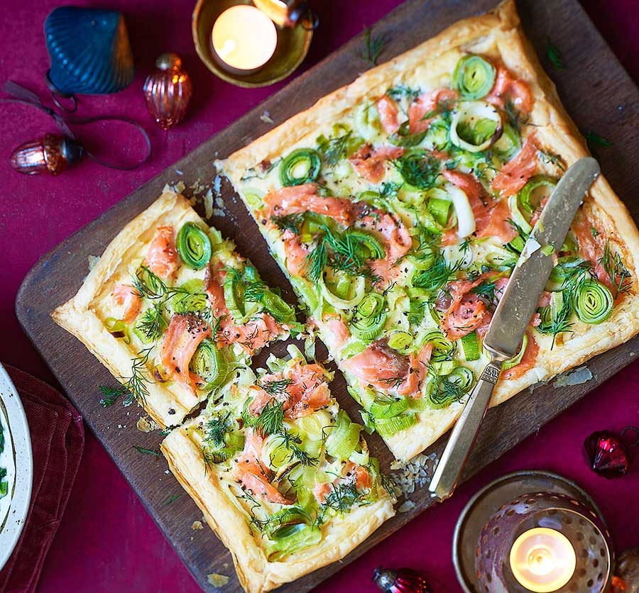 Smoked salmon, leek & dill tart